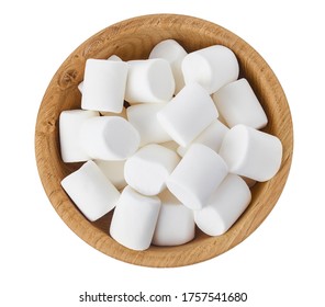 Marshmallow in wooden bowl isolated on white background with clipping path and full depth of field. Top view. Flat lay