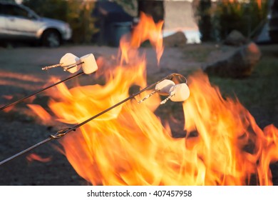 Marshmallows roasting over the campfire