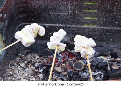 Marshmellows Toasting On Wooden Sticks At Backyard