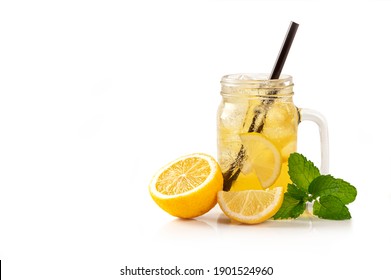 Marson  Glass Jar With Lemon And Mint Isolated On White Background.