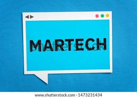 MARTECH written on a speech bubble on blue background. Martech is the blending of marketing and technology.