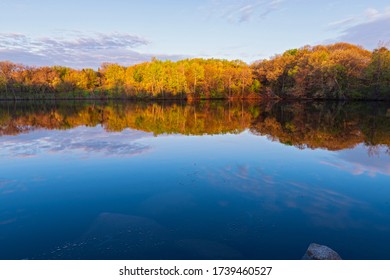 Marthaler Park Woodland Reflected In Pond During Colorful Spring Season Sunrise In West Saint Paul Minnesota