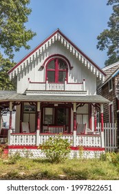 Martha's Vineyard, USA - September 26, 2017: Carpenters Cottages Called Gingerbread Houses  On Lake Avenue, Oak Bluffs On Martha's Vineyard, Massachusetts, USA.