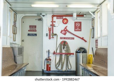 Marthas-Vineyard, USA - September 25, 2017: Safety Equipment At Fire Station On The Ferry M.V. Convernor To Marthas Vineyard Island.