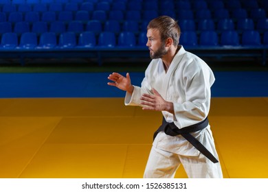 Martial artist Man in white kimono with black belt stands in a fighting stance indoor. Sport portrait - Powered by Shutterstock