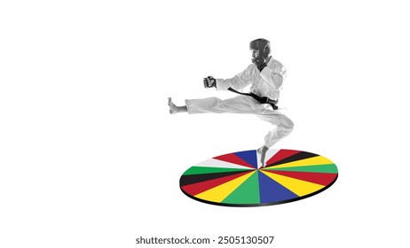 Martial artist in monochrome performing high kick over vivid circle of international flags against white background. Creative design. Art collage. Concept of sport, martial arts, combat sport - Powered by Shutterstock