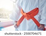 Martial arts, belt and student in studio for fitness, training and fight with orange bow and discipline. Girl, kung fu and ready in dojo as workout for self defense, karate and taekwondo development