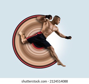 Martial Arts Fighter (MMA) Jumping With A Knee Kick On Art Paint Background. Flyer. Concept Of Sport, Mma, Achievements, Competition, Championship