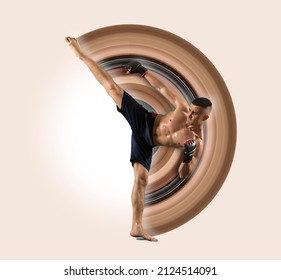 Martial Arts Fighter (MMA) Jumping With A Knee Kick On Art Paint Background. Flyer. Concept Of Sport, Mma, Achievements, Competition, Championship