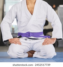 Martial arts, fitness and man kneeling in gym for training, uniform or professional fighting sport. Health, wellness and Brazilian jiu jitsu athlete in dojo with gi, ground exercise or sitting on mat - Powered by Shutterstock