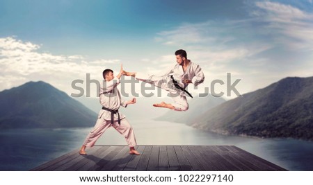 Martial arts, kick in jump, training on the pier