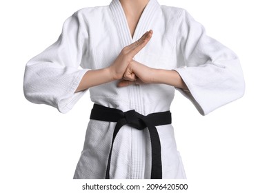 Martial arts master in keikogi with black belt on white background, closeup - Powered by Shutterstock