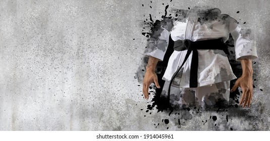 Martial arts master on wall background. Sports banner. Horizontal copy space background - Powered by Shutterstock