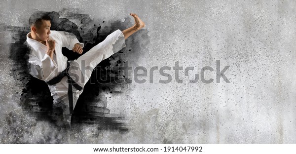 Martial arts master on wall background.\
Sports banner. Horizontal copy space\
background