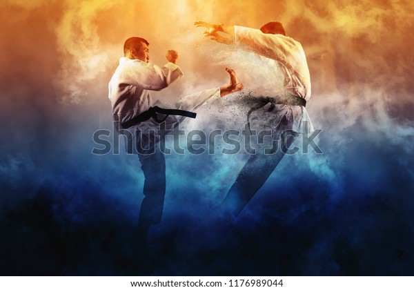 Martial arts masters, karate practice. Two male karate\
fighting 