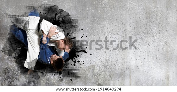 Martial arts masters on wall background.\
Sports banner. Horizontal copy space\
background