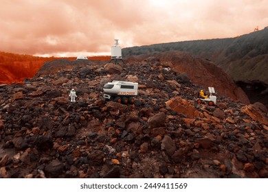 Martian base diorama whith astronauts exploring Mars on a natural landscape. in 