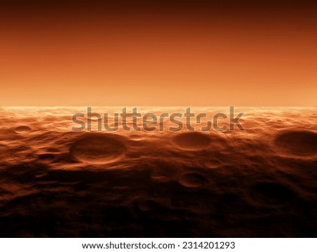 Martian landscape with craters. Surface relief of the red planet. Desert plain on Mars.
