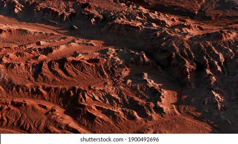 Martian landscape, Flaming Cliffs aerial view in the Gobi Desert. Scorched earth where the remains of dinosaurs rest, and the layings of their eggs. Mongolia. Canyon Herman-Tsav.