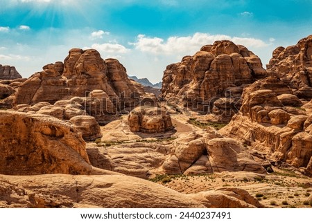 Martian landscape, red mountains rock in desert. Wadi Rum, Petra. Arabian or Sahara desert