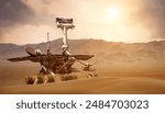 Martian rover on surface of red planet. Mars exploration. Mars rover on sand with red sky and sun. Solar system expedition. Not AI content. Elements of this image furnished by NASA