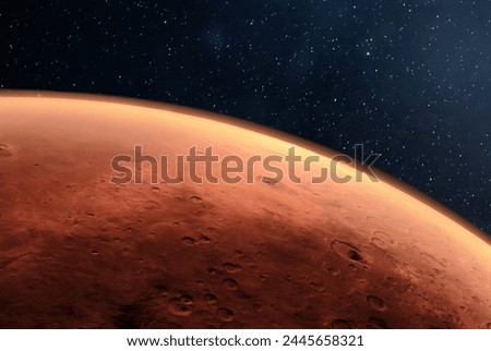 Martian surface. View from space to the red planet. Scientific background on the topic of Mars exploration. Elements of this image furnished by NASA.