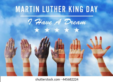 Martin Luther King Day. Different hands on blue sky background