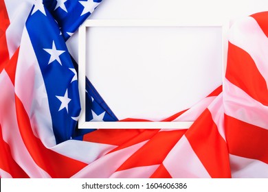 Martin Luther King Day, Flat Lay Top View, American Flag And Photo Frame On White Background With Copy Space For Your Text