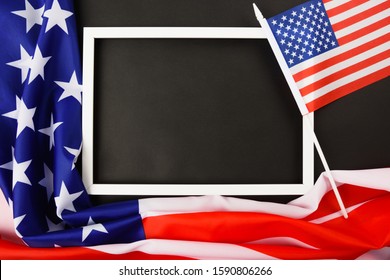 Martin Luther King Day Or USA Independence Day Concpept, Flat Lay Top View, American Flag And Photo Frame On Black Background With Copy Space For Your Text