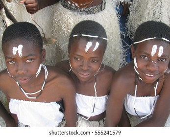   Martinadale, Zimbabwe, October  14 2015. Young  African  Girls With  Tribal Face Marks Dressed In  Traditional  Attire  During A Cultural  Dance  Festival.       