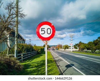 Martinborough / New Zealand - July 7 2019: Speed limit sign.