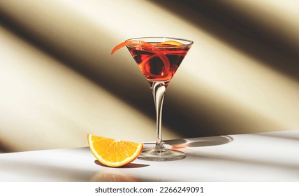 Martinez alcoholic cocktail drink with red vermouth, liqueur, orange bitter, zest and ice. Light beige background, hard light, shadow pattern, copy space