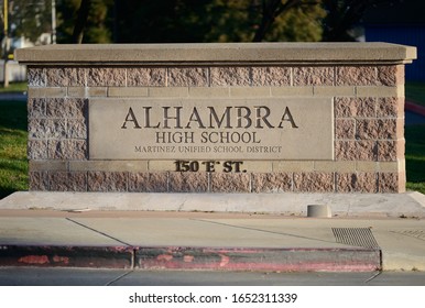 Martinez, California / U.S.A - February 17 2020: An image of the Alhambra High School sign located on Alhambra Ave. in Martinez, California.  