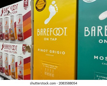 Martinez, Ga USA - 11 30 21: Barefoot On Tap Wine In A Box In A Store