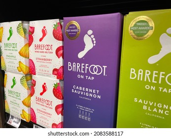 Martinez, Ga USA - 11 30 21: Barefoot On Tap Wine In A Box In A Store