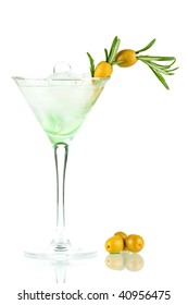 Martini Alcohol Cocktail With Olive And Rosemary Isolated On White Background