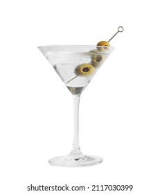 Martini cocktail with olives on white background