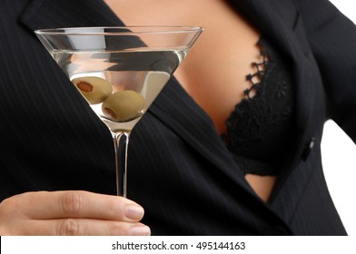 Martini Drinking Businesswoman Wardrobe Malfunction Reveals Black Lace Bra On White Background
