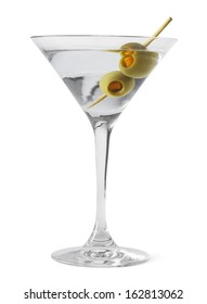 Martini Glass and Alcohol with Green Olives Isolated on White Background.