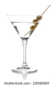 Martini Glass And Olives Isolated On White