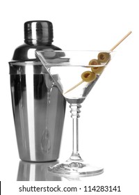 Martini Glass With Olives And Shaker Isolated On White