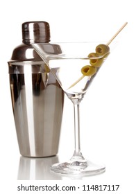 Martini Glass With Olives And Shaker Isolated On White