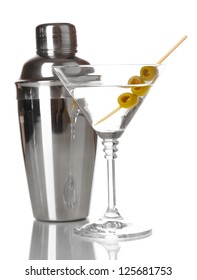 Martini Glass With Olives And Shaker Isolated On White