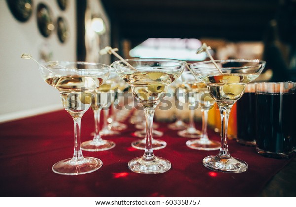 Martini Glasses Closeup Wedding Reception Alcohol Stock Photo