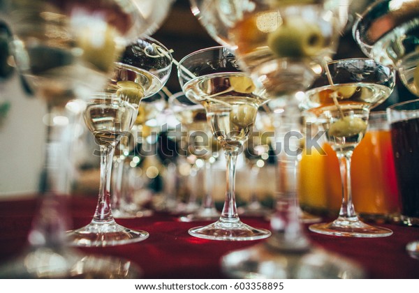 Martini Glasses Closeup Wedding Reception Alcohol Stock Photo