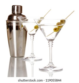 Martini glasses with olives and shaker isolated on white