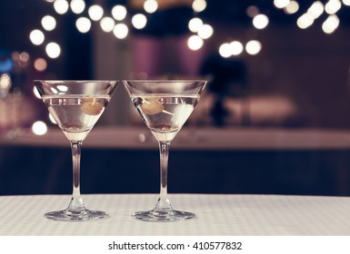 Martini Glasses On A Bar. 