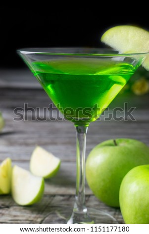 Martini Green Apple Cocktail On Wooden Background Vertical View
