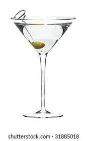 Martini With Olive On Fancy Skewer, Isolated On White. Includes Pro Clipping Path.