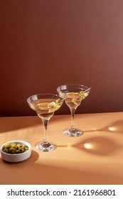 Martini with olives. Classic Shaken Dry Vodka Martini. Space for text